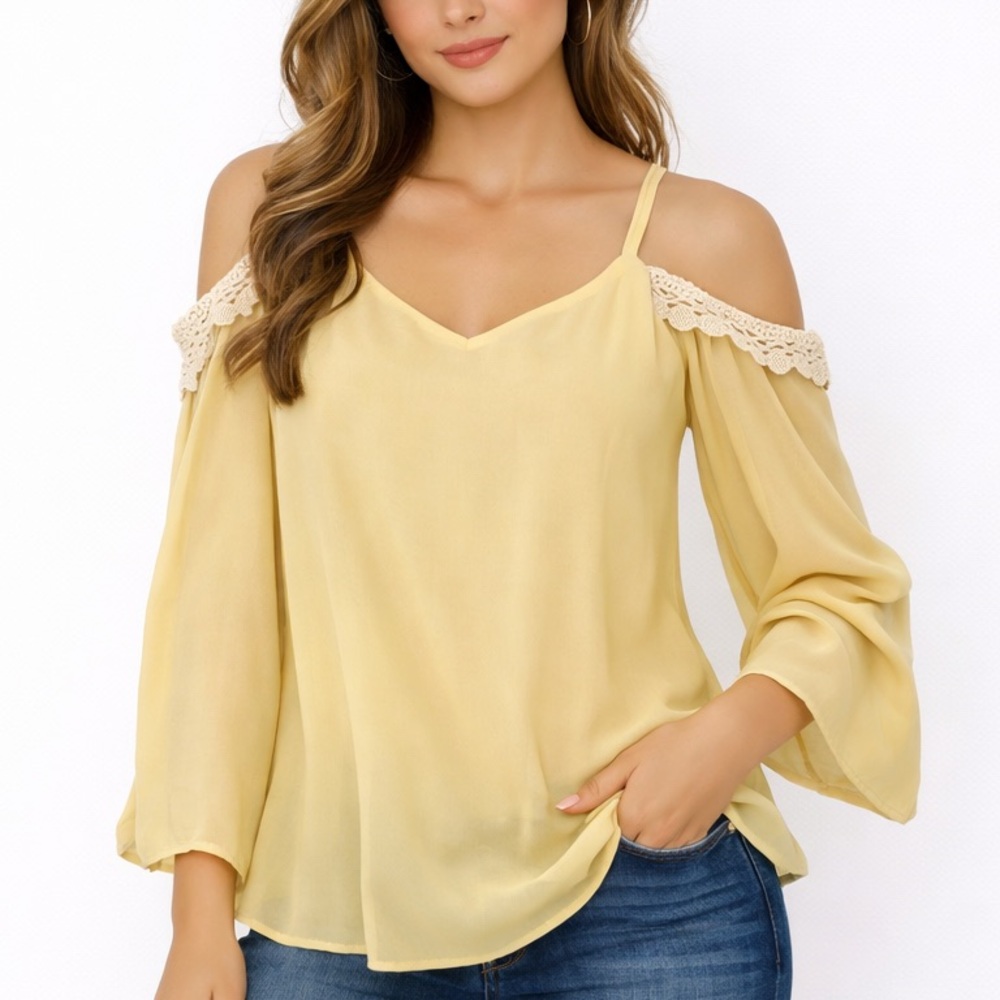 Chic Yellow Chiffon Cold Shoulder Blouse with Crochet Detail